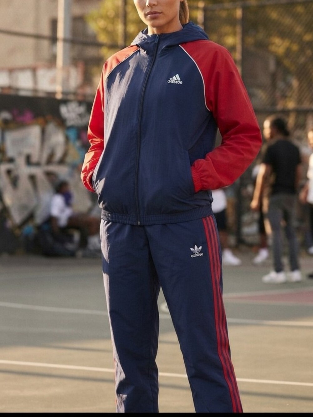 Vintage Y2K Adidas Women's Navy & Red Hooded Track Jacket And Pants
